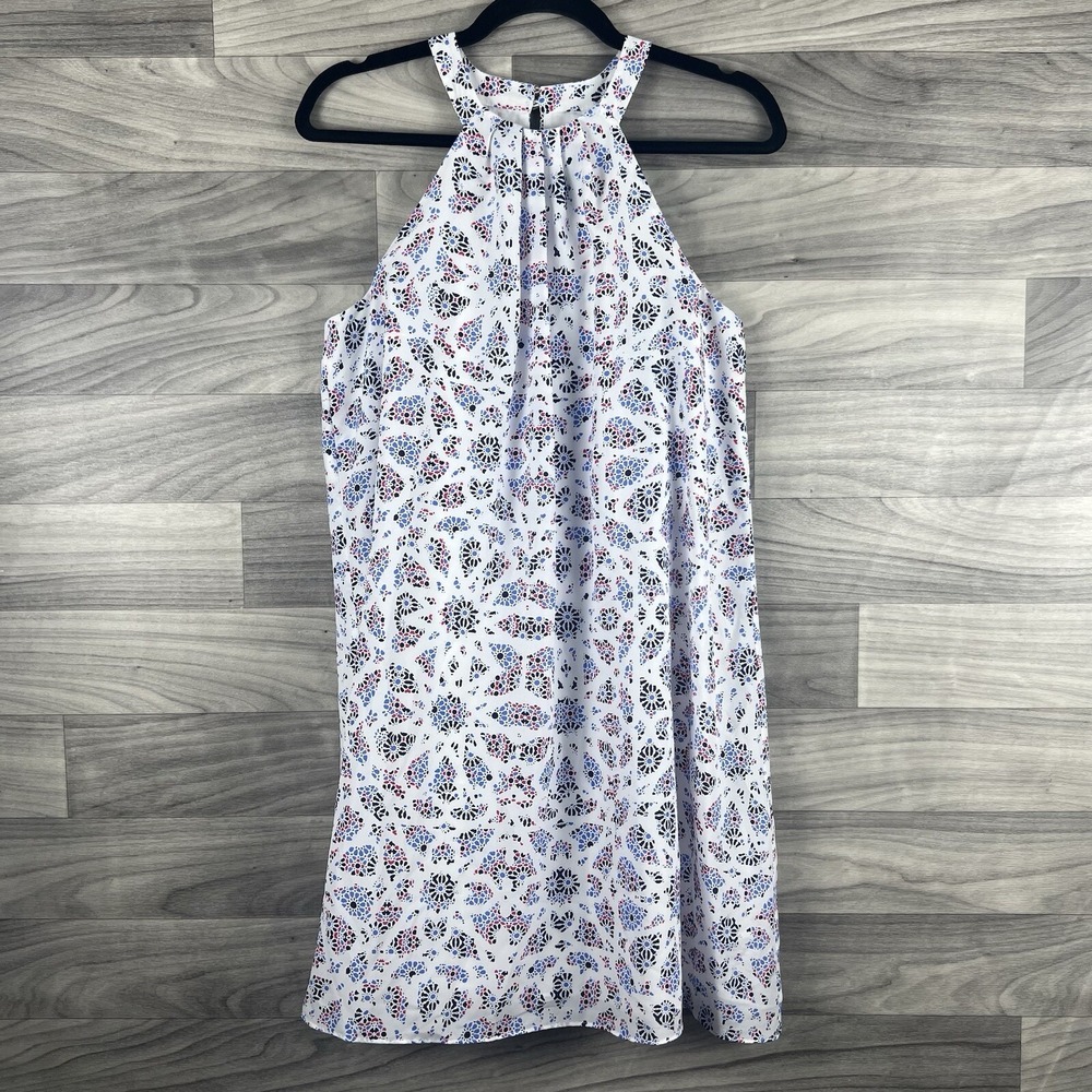 CECE Dress Women Sz 4 White Blue Floral Sleeveless Shift Keyhole Back Boho Flowy